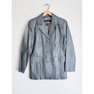 Terry Lewis Classic Luxuries Womens Grey Genuine Leather Blazer Jacket 3 Button